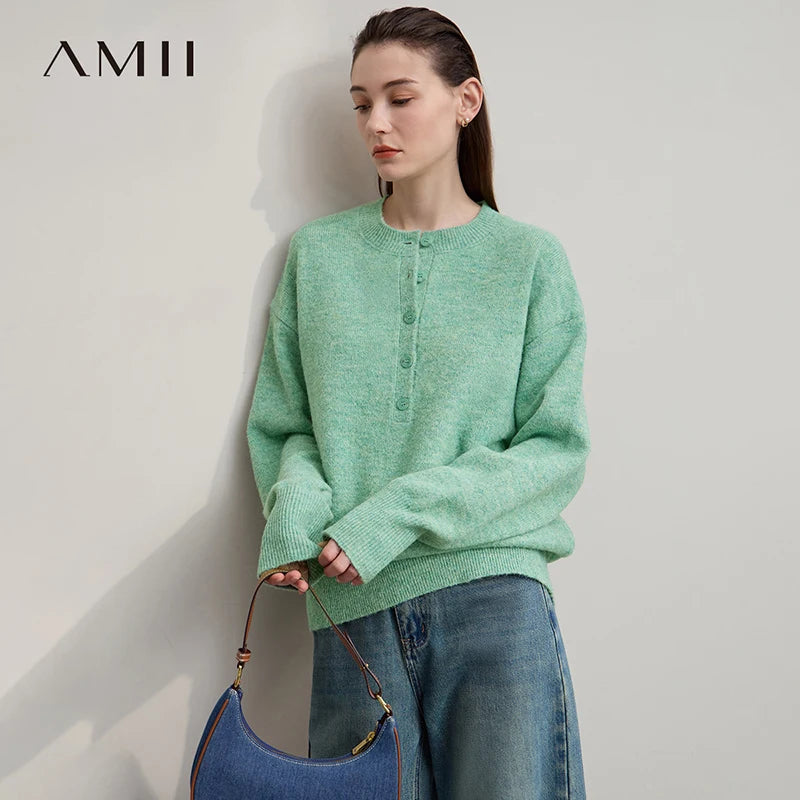 AMII Women's Sweater 2026 Autumn Commuter Solid Color Women's Clothing O-neck Pullover Loose Long Sleeve Tops Ladies 12543201