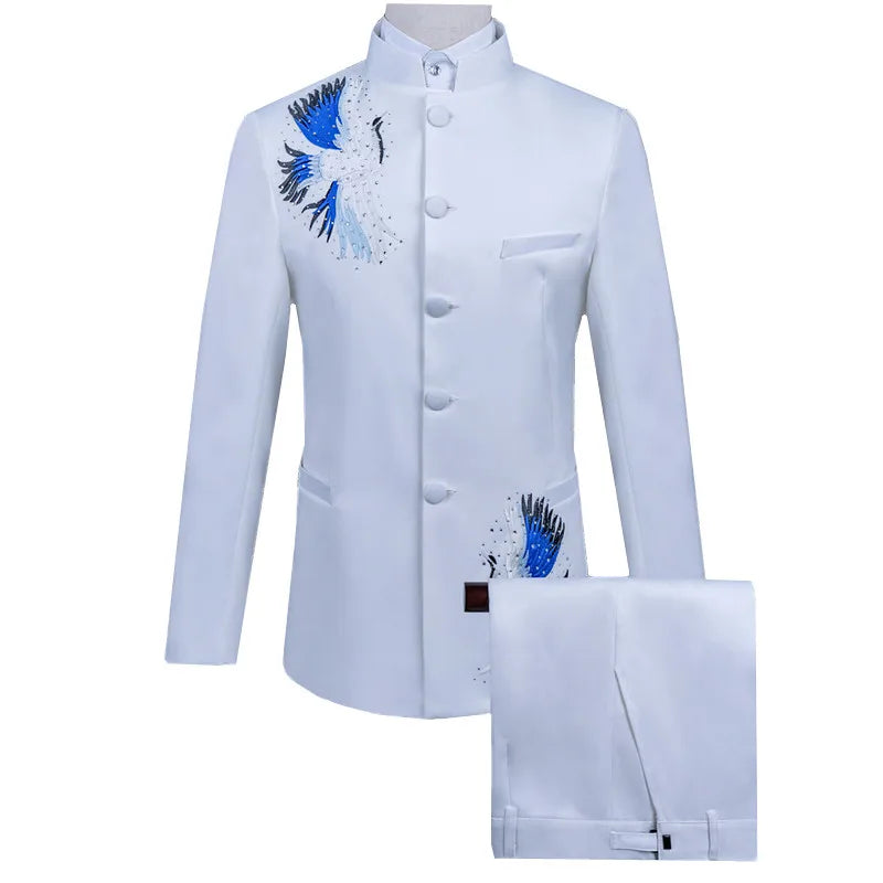 Men's Black Two-Piece Suit Set: a Slim-fit Embroidered Jacket for Weddings and Parties, Paired with Slacks; Asian Sizes.
