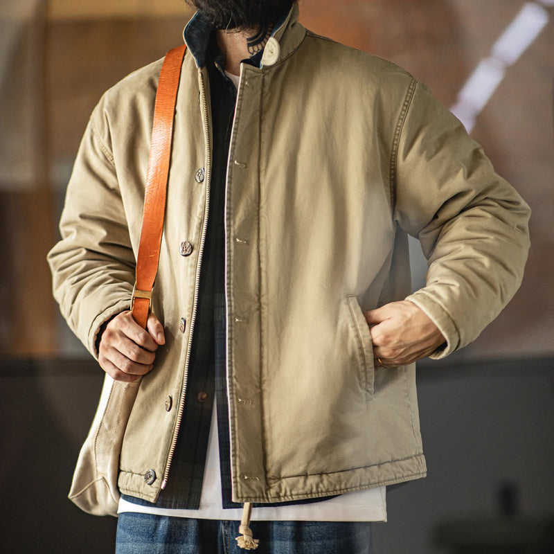 Maden Men's Vintage N-1 Deck Jacket Heavyweight Cotton Filled Short Coat Stand Collar Warm Windbreaker for Autumn Winter