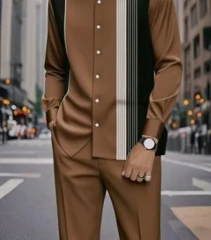 Men's Two-piece Set for Spring/Fall: An Ethnic-style Long-sleeve Shirt Paired with Pants, Red, Blue, Green, Gray, Black, Purple.