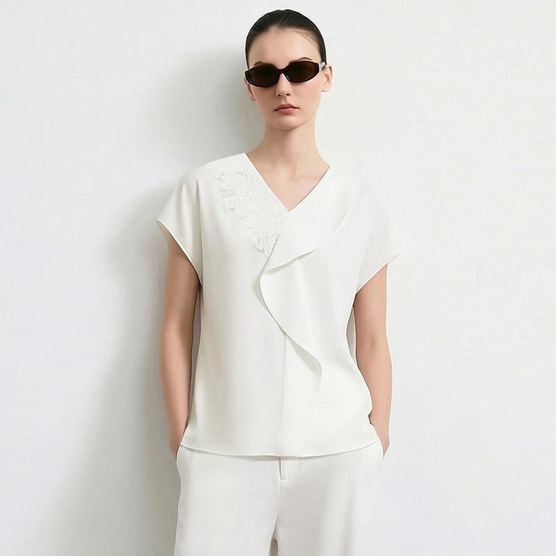 Amii V-Neck Women's Blouse 2026 Summer New Elegant Ruffle Chiffon Top Loose Fit Short Sleeve Office Shirt For Women 12622070