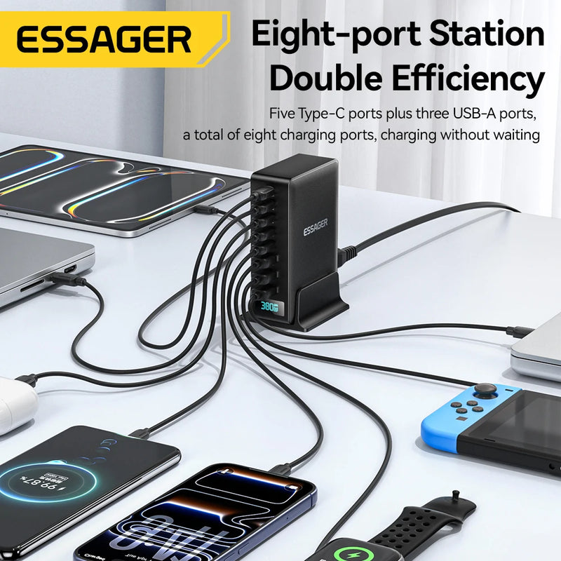 ឆ្នាំងសាក Essager 380W GaN 8 in 1 ជើងទ្រសាកថ្មលឿនសម្រាប់កុំព្យូទ័រយួរដៃលើតុ iPhone 17 16 15 Pro Max Macbook Air Xiaomi Samsung ថេប្លេត