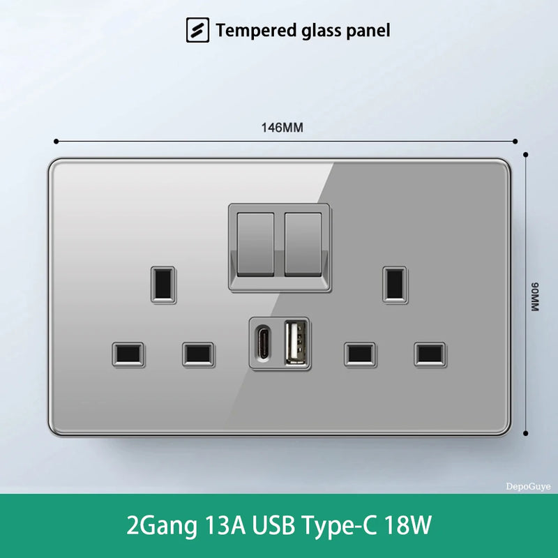 Deluxe Grey Tempered Glass Panel UK 13A Plug Electrical Socket, Double 5 Pin Socket and Switch, EU Universal USB C Wall Socket