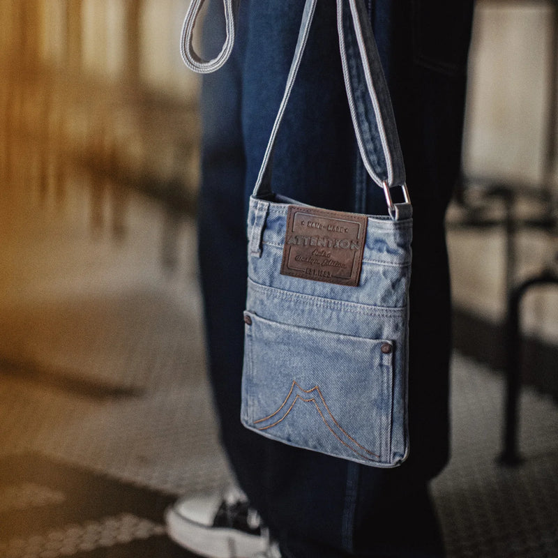 Maden Vintage Washed Blue Denim Crossbody Bag Unisex Canvas Messenger Bag Commuter Shoulder Tote & Coin Purse for Daily Use