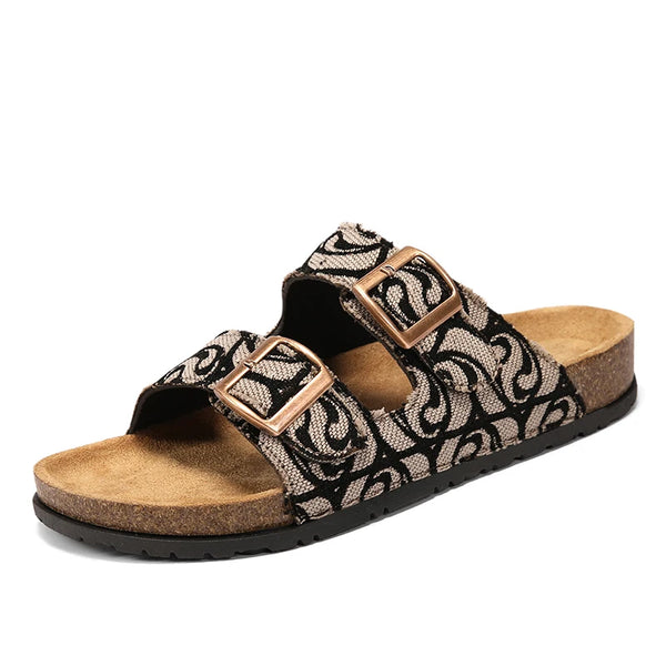 2026 New Black Denim Cork Sandals Double Buckle Adjustable Flat Slides Comfortable Arch Support Casual Slippers for Women Men
