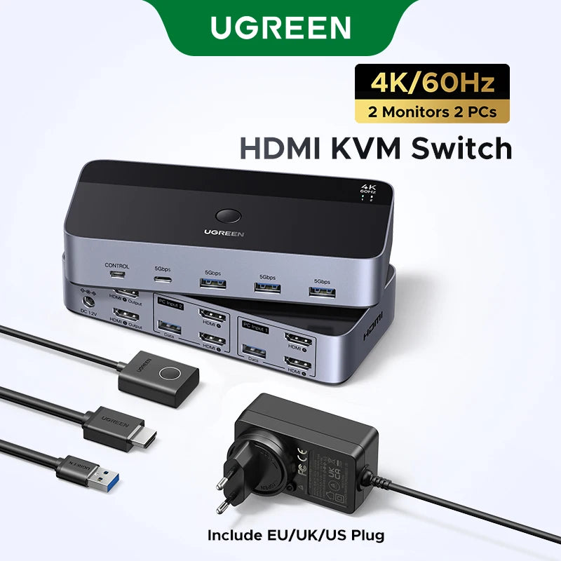 UGREEN 8K 60Hz HDMI KVM Switch USB C USB3.0 KVM Switcher 2 PCs Sharing 1 Monitor,Printer,Keyboard,Mouse Support 3D ,HDR Vision