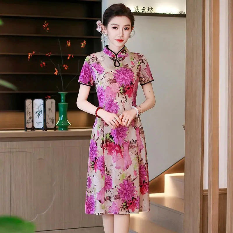 រ៉ូប Cheongsam រដូវក្តៅ កអាវផ្កាបាក់ សម្លៀកបំពាក់នារី រ៉ូបចង្កេះរាងអក្សរ A បែបចិនបុរាណ