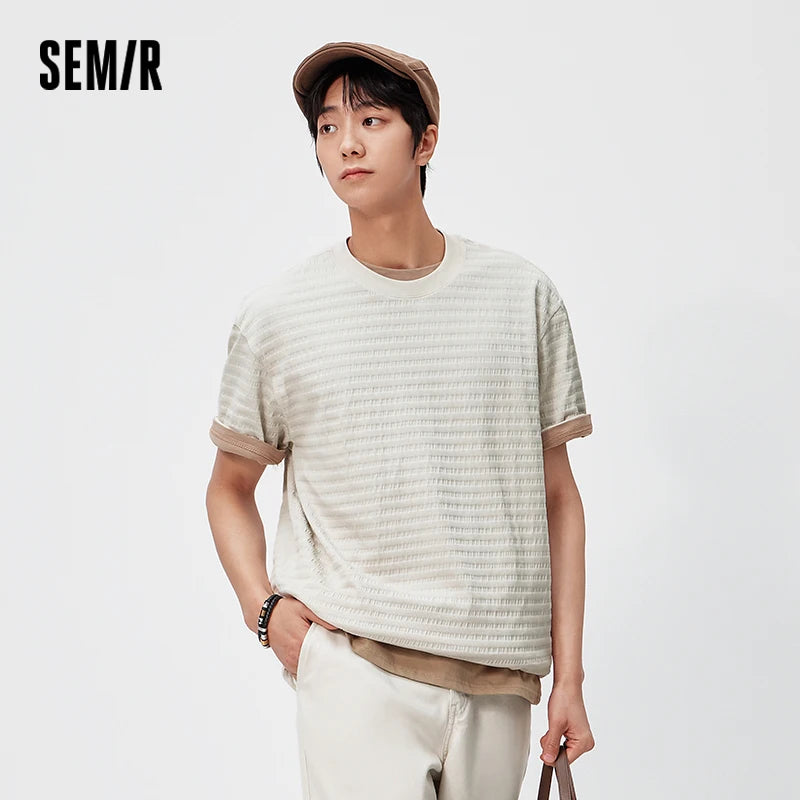 Semir Mens Tshirt 2026 Solid Texture Knitted Slightly Loose Crew Neck Slightly Elastic Casual