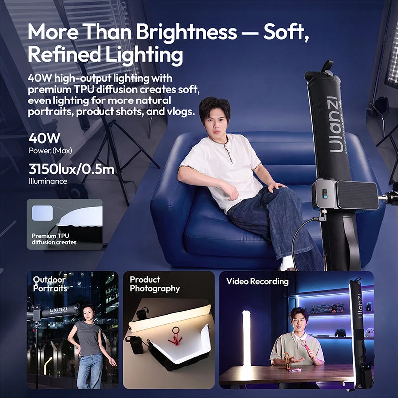 អំពូលភ្លើង Ulanzi AL40 40W RGB ដែលអាចបំប៉ោងបានដោយដៃ 1800-10000K ដំបងម៉ាញេទិក ភ្លើងវីដេអូ 4500mAh ការគ្រប់គ្រងកម្មវិធីសម្រាប់ Vlog Liv