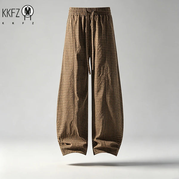 Mens Plaid Crinkle Harem Trousers Elastic Drawstring Waist Loose Fit Breathable Lightweight Outdoor Walking Garment