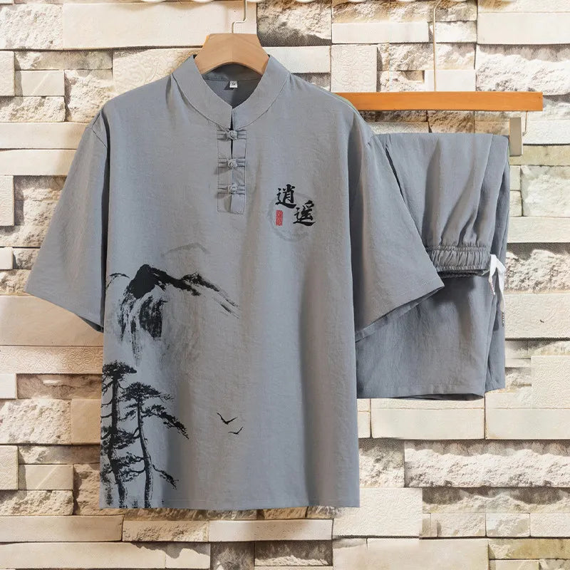 Chinese-style Men's Blue Two-piece Set: A Summer Short-sleeve Pullover Shirt Paired with Knee-length Shorts, Asian Sizes M-4XL.