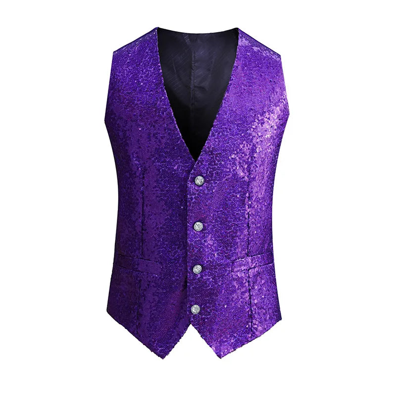 2026 New Men's Red Shiny Sequins Single Breasted Sleeveless Vest, V-Neck Waistcoat Gold Black White Blue Purple Available M-XXXL