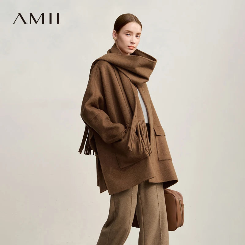 Amii Women's Coat 2026 Winter New Minimalism Loose Warm Women's Wool Coat O-Neck Long Sleeves Versatile Clothing Female 12554022