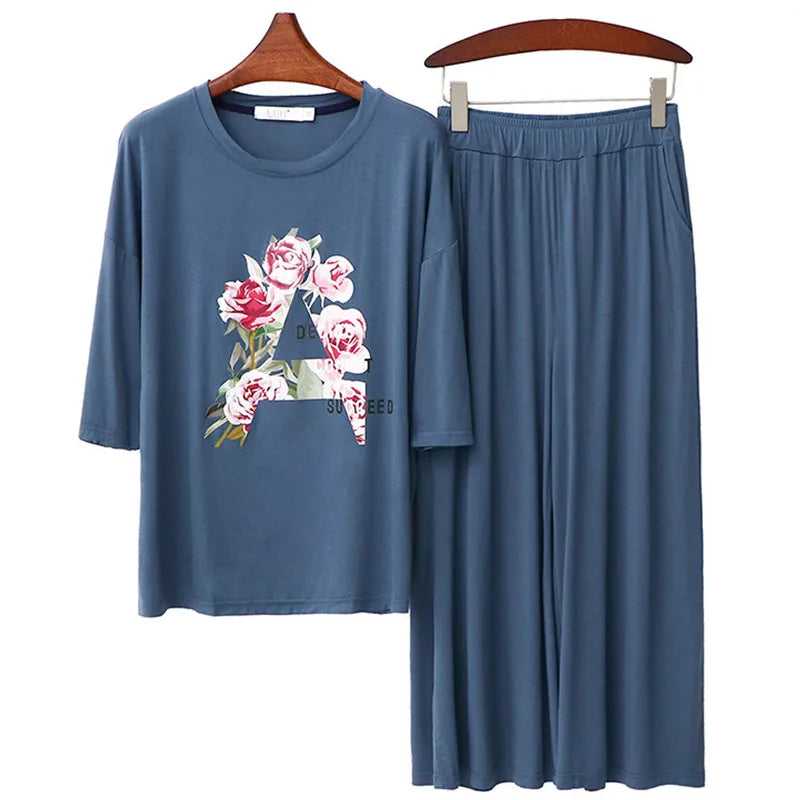 Spring Summer Round Neck Half Sleeve Capris Set Flower Print Home Wear Suit Women's Pajamas Modal Ladies Sleepwear Clothes