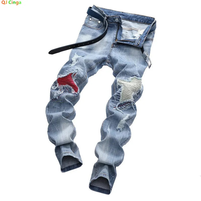 2026 Men's Blue Jeans, Gray Fashion Casual Trousers, Pleated Patchwork Decorative Denim Pants Asian Sizes 29-38, 40, 42.