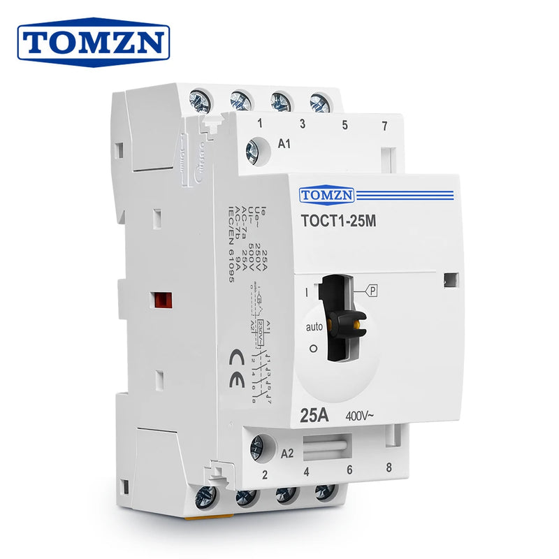 TOMZN TOCT1 4P 25A 220V/230V 50/60Hz Din Rail Household AC Modular Contactor With Manual Control Switch 4NO or 2NO 2NC or 4NC