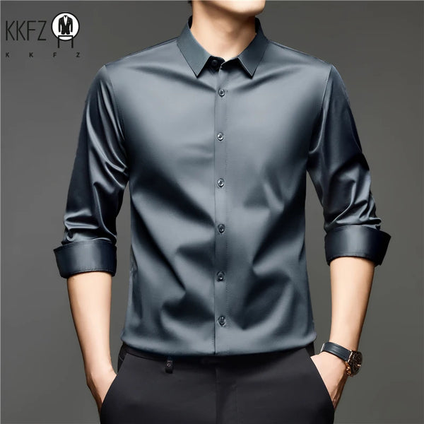 Mens Lightweight Button Up Dress Shirt Lapel Collar Long Sleeve Glossy Texture Top For Daily Business Occasions