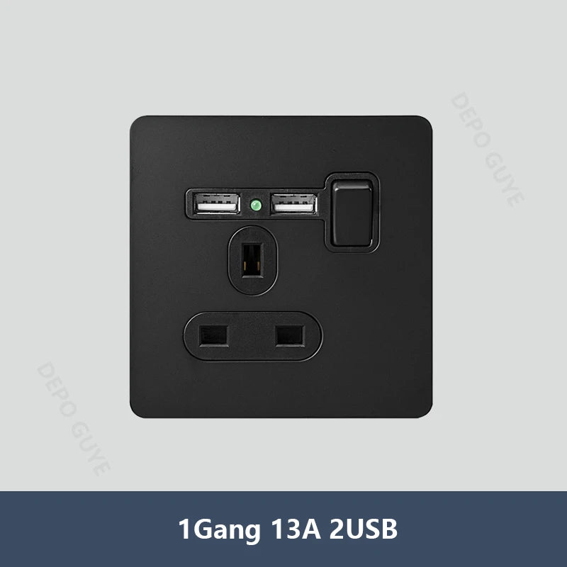 Black Vintage Toggle EU FR Lamp Switch Socket,Retro Brass Lever Light Switch Univeral Stainless Steel Dual Wall Socket With USB