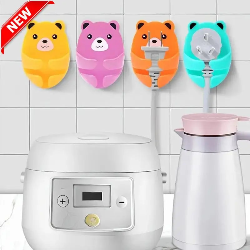 Bear Wall-Mounted Power Strip Organizer - Cute Sticky Cable Clips for Kitchen/Office, No-Drill Installation (4-Pack)