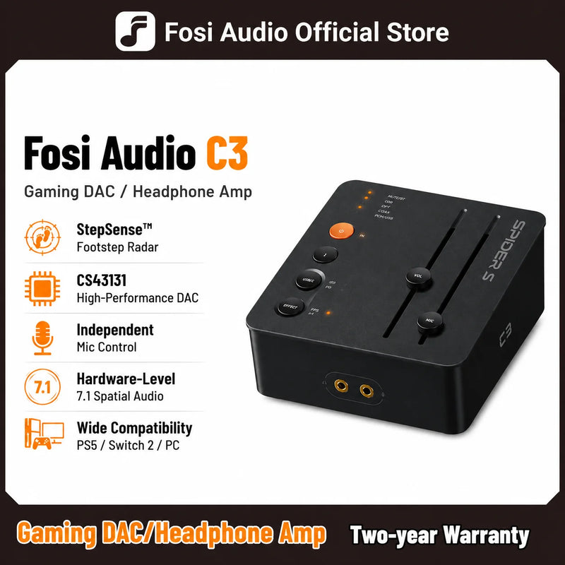 ឧបករណ៍ពង្រីកសំឡេងកាស Fosi Audio C3 Gaming DAC Amp CS43131 សម្រាប់កុំព្យូទ័រ PS5 កាតសំឡេង USB សម្រាប់អ្នកលេងល្បែង ជាមួយការគ្រប់គ្រងមីក្រូហ្វូន