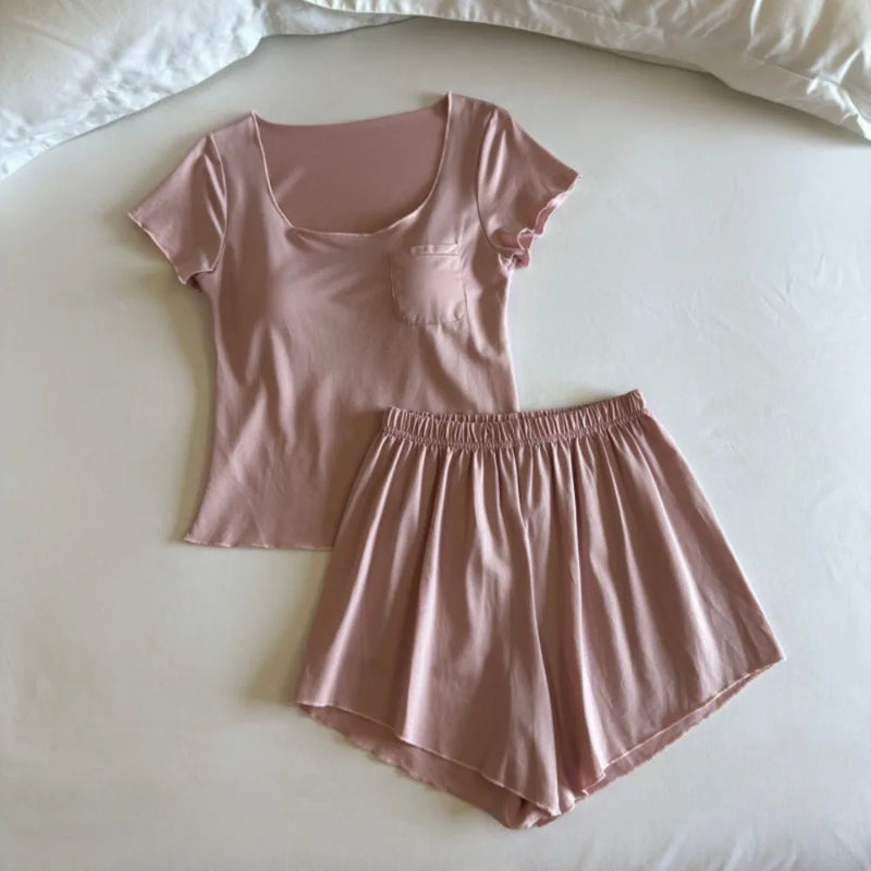 New Chest Pads Nightwear for Woman Pyjamas 2 Piece Set Night Wear for Ladies Thin Short-sleeve Home Sleepwear Suit Loungewear