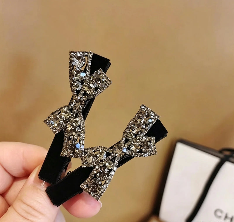 Water Crystal Black Bow Hair Clip Headband Side Fringe Bangs Clip Straight Hair Accessory Female Top Hairpin