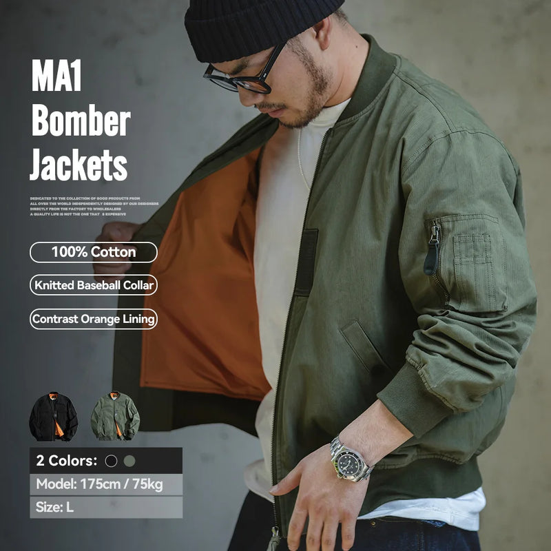 Maden Retro MA1 Bomber Flight Jackets Green Windproof Pilot Jacket Casual Motorcycle Baseball Coat for Men's Spring and Autumn