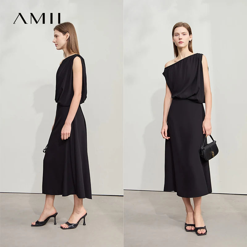 AMII Minimalism Women Long Dress 2026 Asymmetric Off Shoulder Sexy Luxury Designer Chiffon Black Dress Female Clothing 12542078