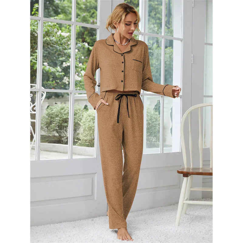 European Women's Sleepwear Suit Autumn Winter Long Sleeved Cardigan Pants Two-piece Set Home Pajamas Female Sleeping Clothes