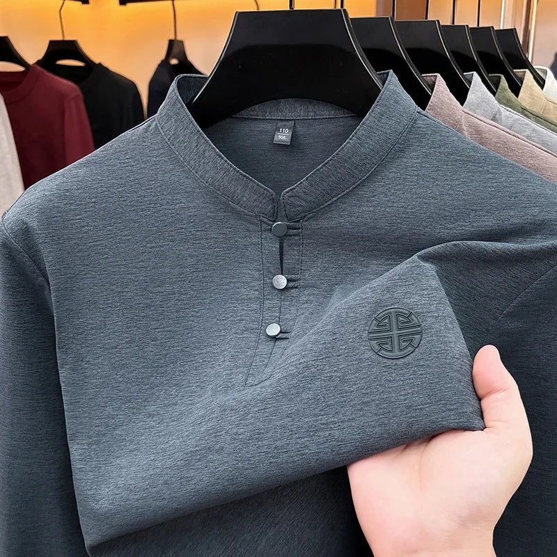 Mens Spring Autumn Henley T Shirt Long Sleeve Mandarin Collar Embossed Logo Breathable Comfort Casual Outfit