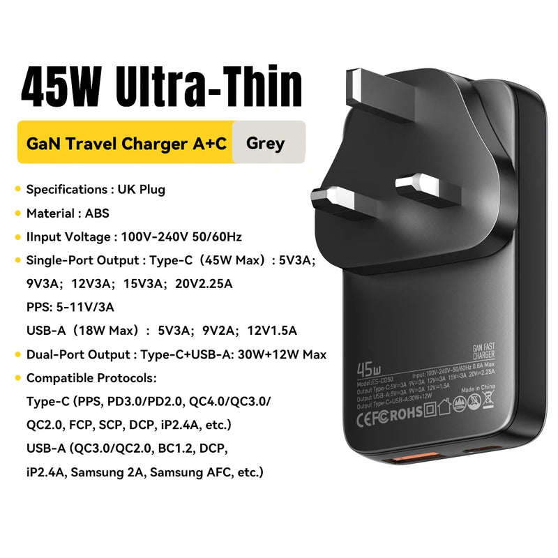 ឆ្នាំងសាក Essager Ultra Thin 65W GaN Travel Charger Quick Charge 4.0 PD3.0 PPS Portable Type C Charger សម្រាប់ iPhone Samsung Macbook Laptop