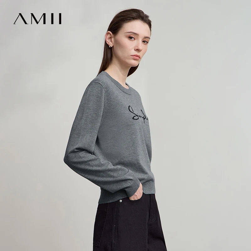 AMII Minimalist Women's Long Sleeve Pullovers 2026 Autumn Fashion Letter Jacquard Straight Tops Casual O-Neck Sweaters 12523052