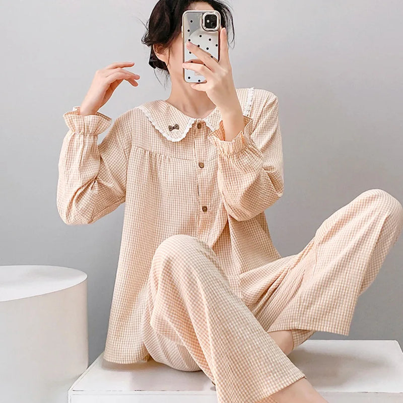 Autumn Sleepwear Plaid Print Pyjama Set 2 Pieces Loungewear Women Suit Long Sleeve Top with Elastic Pants Women's Nightwear