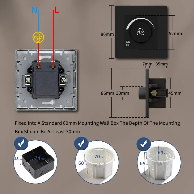 BSEED Fan Switch Knob Button Switch Adjust Speed With Wall Power Socket Switch ON OFF Plastci Frame Black 220V