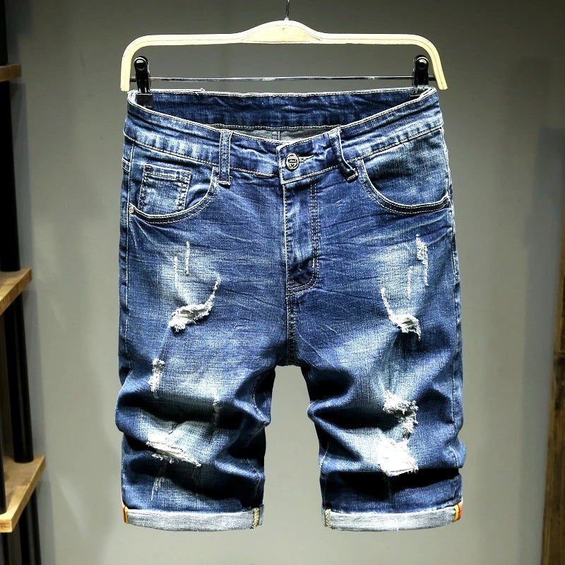 2026 New Men's Blue Hole Denim Shorts, Summer Casual Jeans Shorts Asian Sizes 28-36 38 40