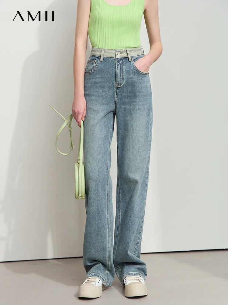ខោខូវប៊យ Amii Minimalist Retro សម្រាប់នារី ខោ Denim ត្រង់ ម៉ូដថ្មី រដូវស្លឹកឈើជ្រុះ ខោធម្មតា ងាយស្រួលស្លៀក 12541001
