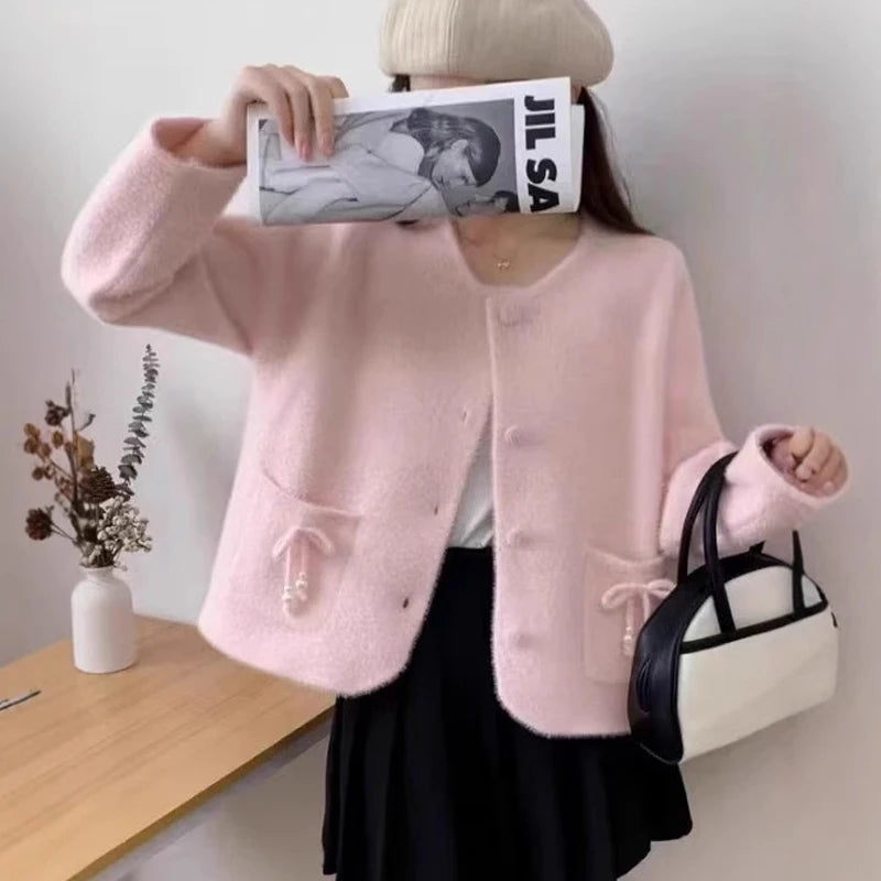 Sweet Bow Pocket Coat Women's Autumn and Winter New Imitation Mink Velvet Knitted Cardigan Jacket Short Sweater Top Cropped
