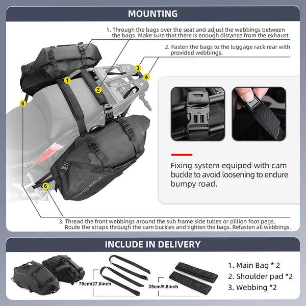 កាបូបម៉ូតូ Rhinowalk ពីរចំហៀង ការពារទឹកជ្រាប ១០០% ទំហំ ១៨លីត្រ/២៨លីត្រ/៤៨លីត្រ សមជាសកល កាបូបដាក់ឥវ៉ាន់សម្រាប់ម៉ូតូ កាបូបសម្រាប់ដាក់ឥវ៉ាន់កន្ទុយស្ងួត