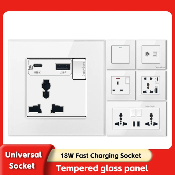 UK Standard 18W Type-C Fast Charging Universal Dual 3pin Power Outlet,White Tempered glass Wall light Switch Panel For Home
