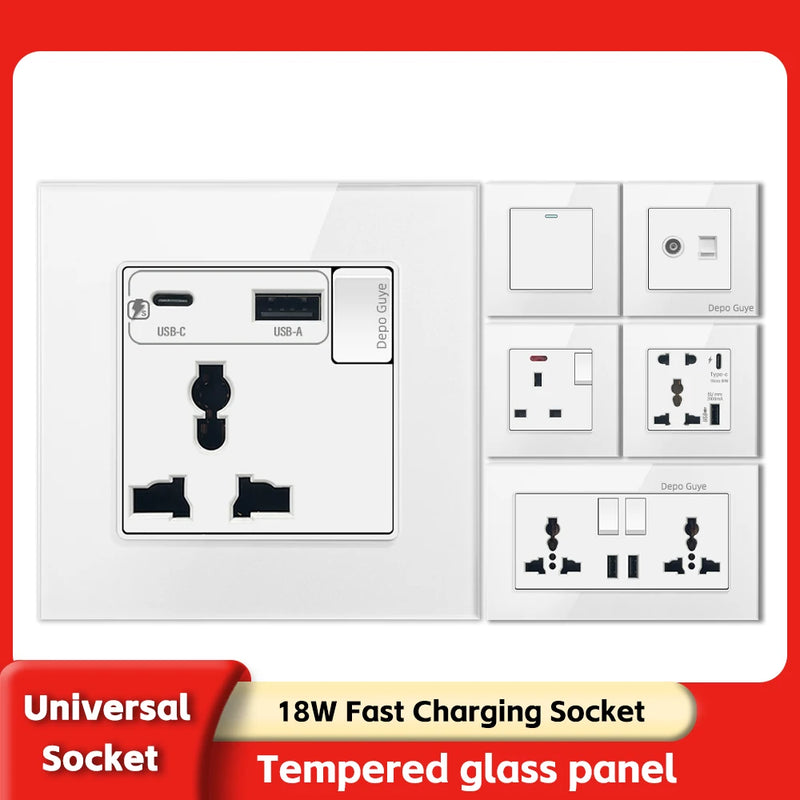 UK Standard 18W Type-C Fast Charging Universal Dual 3pin Power Outlet,White Tempered glass Wall light Switch Panel  For Home