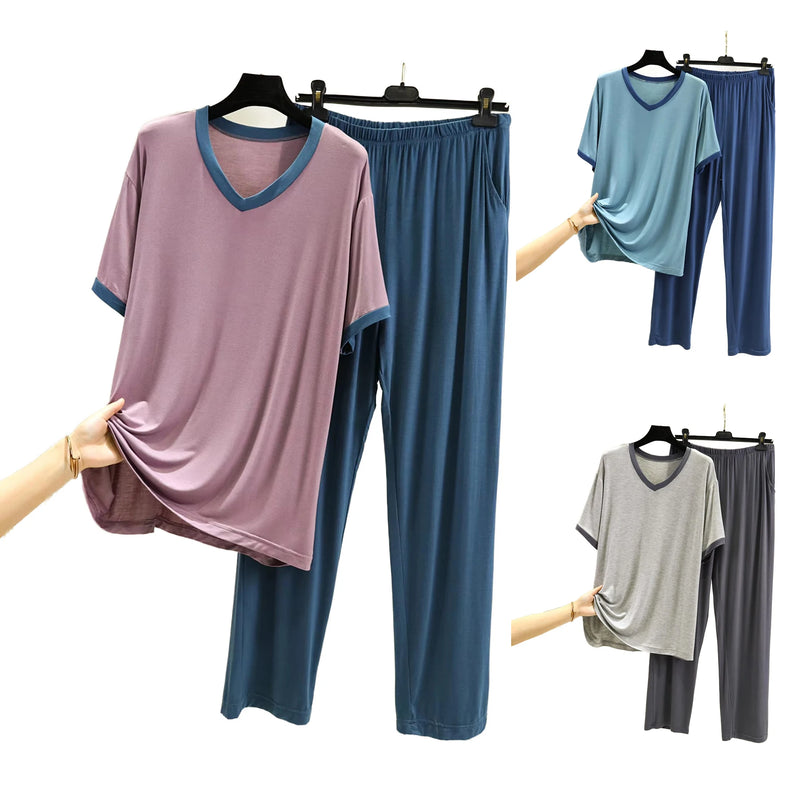 4XL-6XL Women's Sleepwear Short Sleeve Trousers Two Piece Set V Neck Summer Home Clothes Loose Modal Nightwear Pijamas Suit