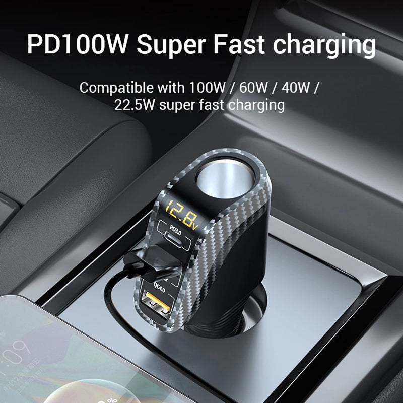 ឆ្នាំងសាករថយន្ត USB 100W សាកលឿន QC3.0 QC4.0 PD3.0 SCP 4 ក្នុង 1 សាកថ្មលឿនសម្រាប់រថយន្ត iPhone 12 13 Xiaomi Huawei Samsung