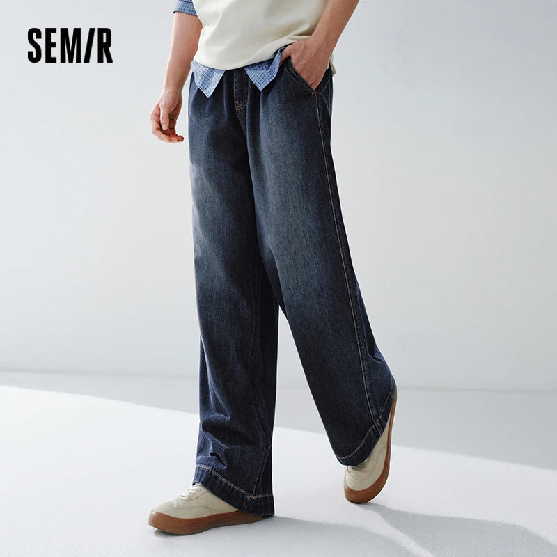 Semir Versatile Jeans Men 2026 Spring Loose Wide Leg Elastic Waist Basic Casual Comfortable Daily Wear Trousers