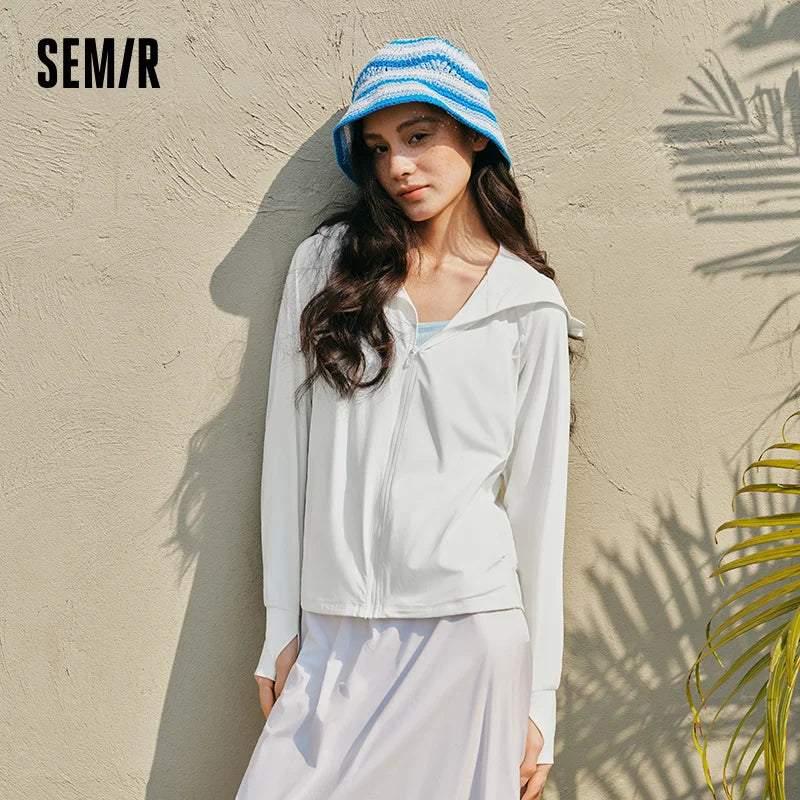 Semir Women UV Protection Jacket Cool Feeling Loose Raglan Sleeve Mesh Spliced Brim Visor 2026 Outdoor Casual Fashion Wear