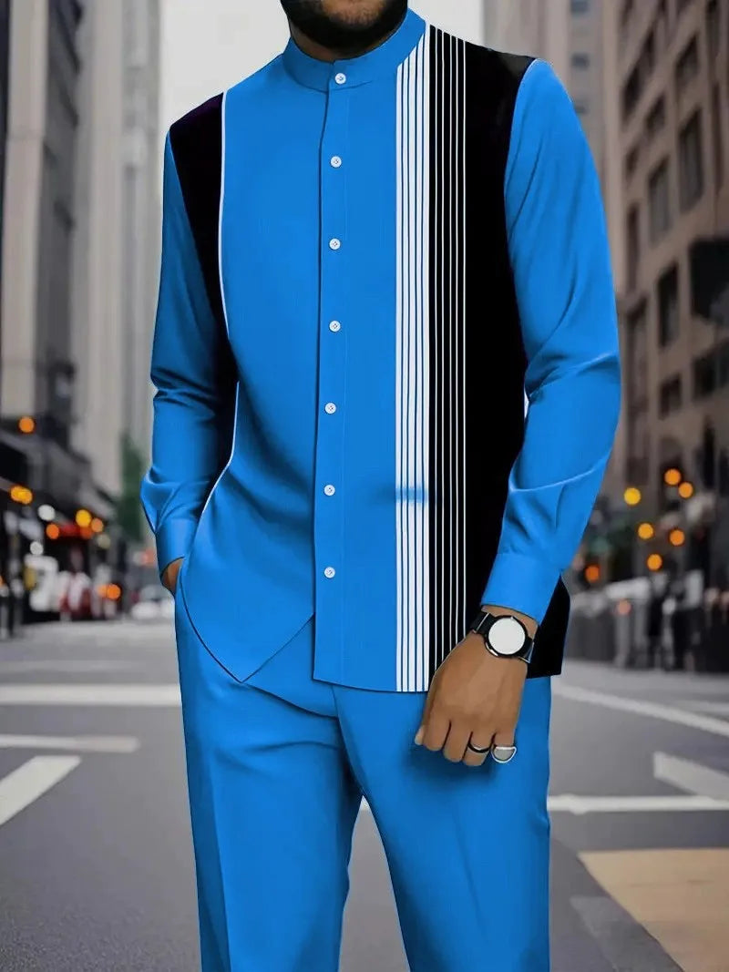 Men's Two-piece Set for Spring/Fall: An Ethnic-style Long-sleeve Shirt Paired with Pants, Red, Blue, Green, Gray, Black, Purple.