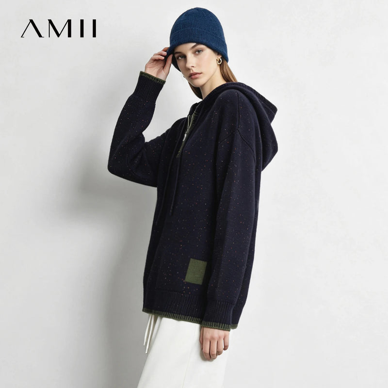 Amii Half-Zip Hooded Color Block Knit Pullover Drop Shoulder Loose Fit Casual Commuter 2026 Winter Women's Sweaters 12654035