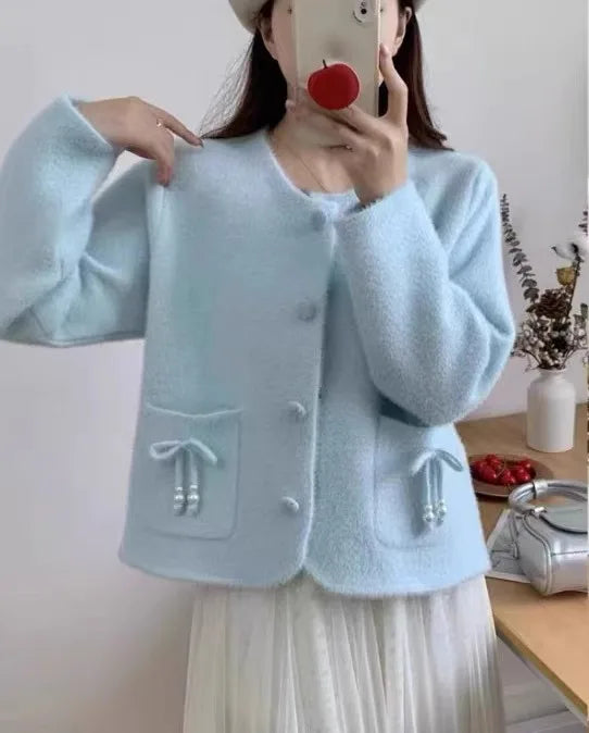 Sweet Bow Pocket Coat Women's Autumn and Winter New Imitation Mink Velvet Knitted Cardigan Jacket Short Sweater Top Cropped