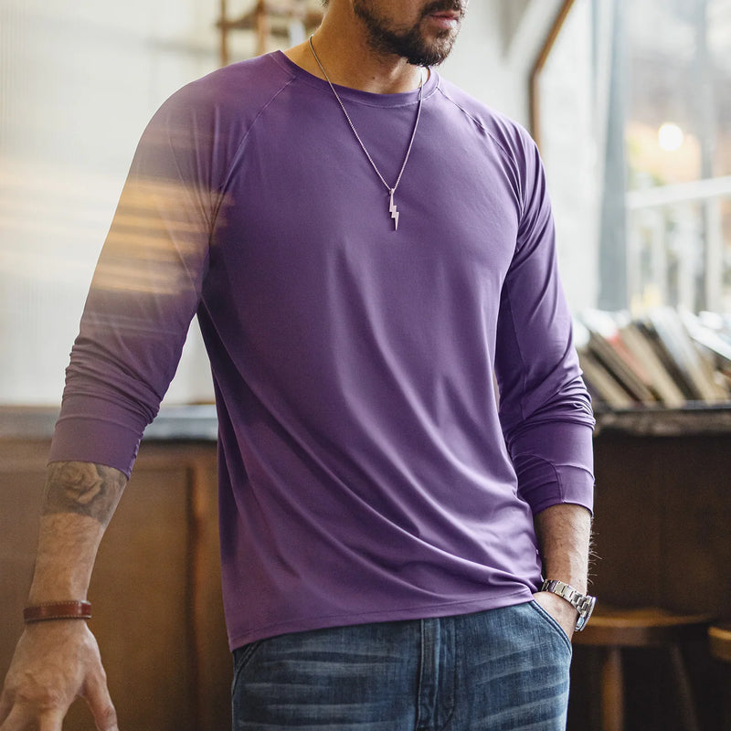 អាវយឺតកីឡា Maden សម្រាប់បុរស Amekaji Raglan Sleeve ស្ងួតរហ័ស ការពារកម្តៅថ្ងៃ ពណ៌រឹង ដៃវែង ត្រជាក់ ប៉ះបាត អាវយឺតរដូវផ្ការីក