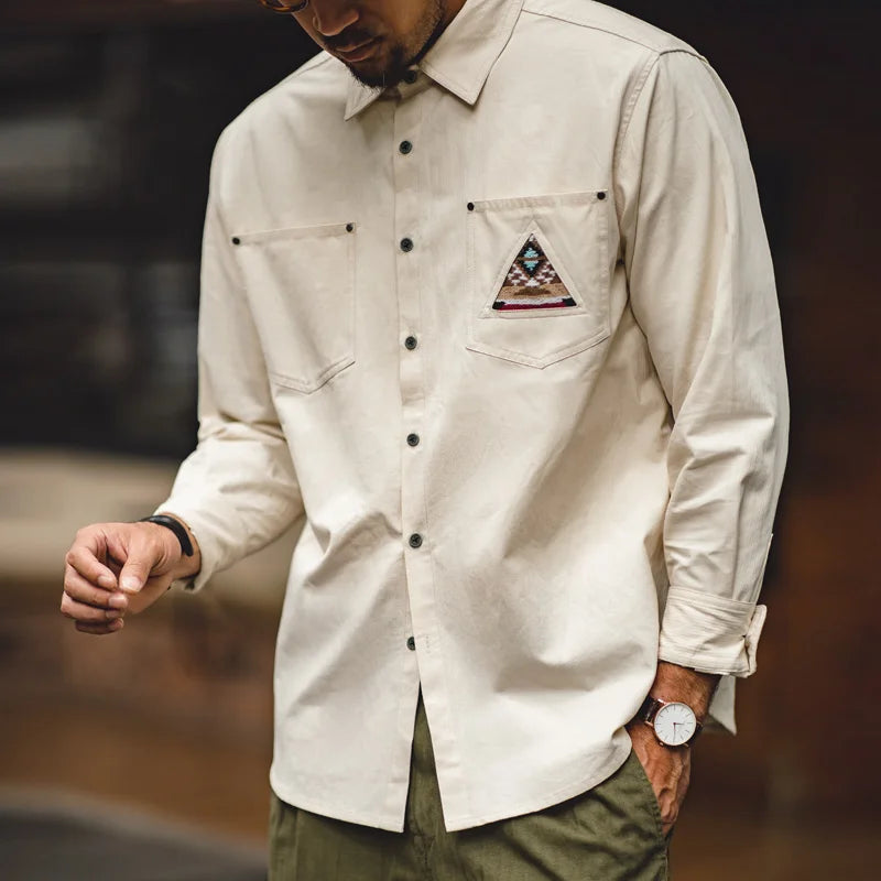 Maden Men Tooling 100% Cotton Indian Totem Shirt Japan Retro Sleeve Patchwork Pocket Turn-down Collar Single-breasted Clothing