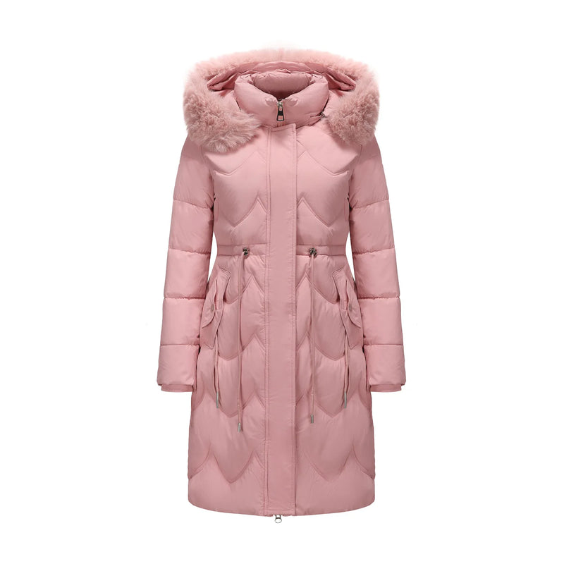 Women's Pink Commuter-Style Hooded Long Coat, Light Green Parkas, Black Thermal Jacket with Drawstring At The Waist Overcoat.